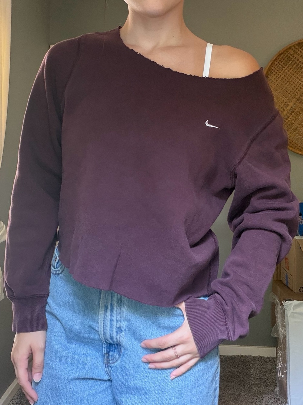 Nike Dark Plum Crewneck Cutoff Off the Shoulder Sweatshirt